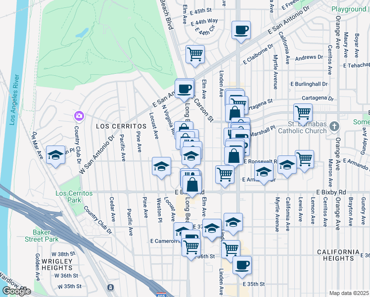 map of restaurants, bars, coffee shops, grocery stores, and more near 3913 Long Beach Boulevard in Long Beach
