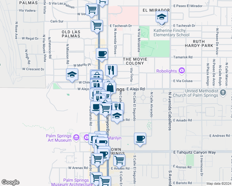 map of restaurants, bars, coffee shops, grocery stores, and more near 277 East Alejo Road in Palm Springs