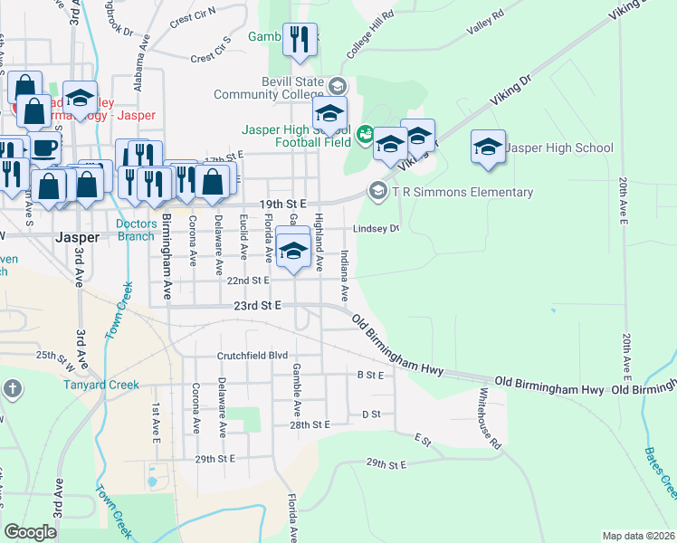 map of restaurants, bars, coffee shops, grocery stores, and more near 22nd Street East in Jasper