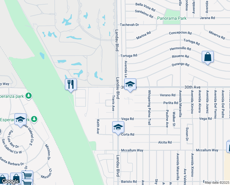 map of restaurants, bars, coffee shops, grocery stores, and more near 30060 Travis Avenue in Cathedral City