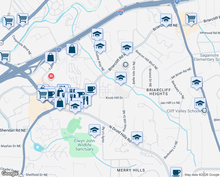 map of restaurants, bars, coffee shops, grocery stores, and more near 2629 Portbury Place Northeast in Atlanta