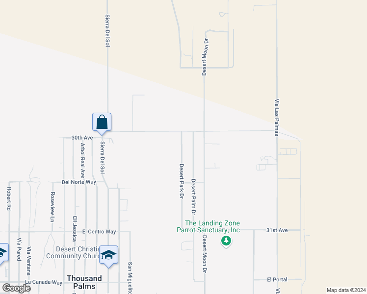 map of restaurants, bars, coffee shops, grocery stores, and more near Desert Park Drive in Thousand Palms