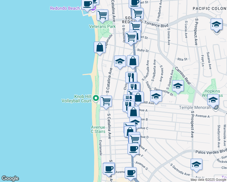map of restaurants, bars, coffee shops, grocery stores, and more near 719 South Broadway in Redondo Beach