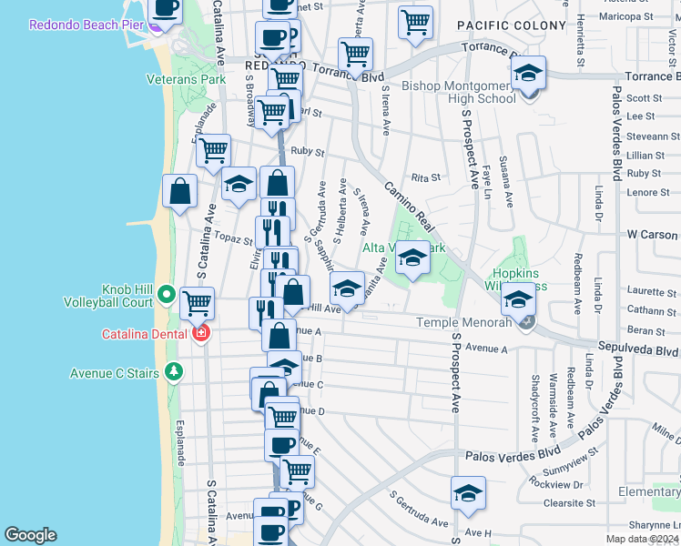 map of restaurants, bars, coffee shops, grocery stores, and more near 707 Sapphire Street in Redondo Beach