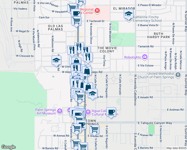 map of restaurants, bars, coffee shops, grocery stores, and more near 277 East Alejo Road in Palm Springs