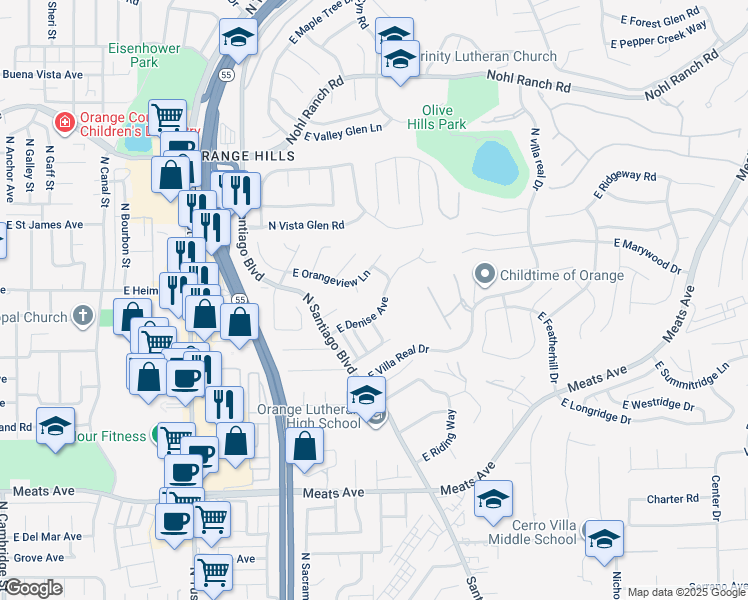 map of restaurants, bars, coffee shops, grocery stores, and more near 2541 East Denise Avenue in Orange