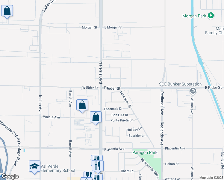 map of restaurants, bars, coffee shops, grocery stores, and more near El Rosario Drive in Perris