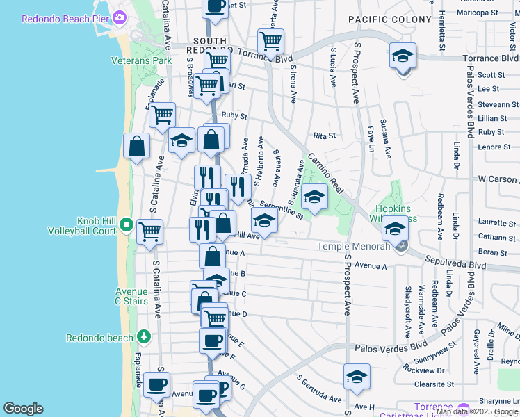 map of restaurants, bars, coffee shops, grocery stores, and more near 707 Sapphire Street in Redondo Beach