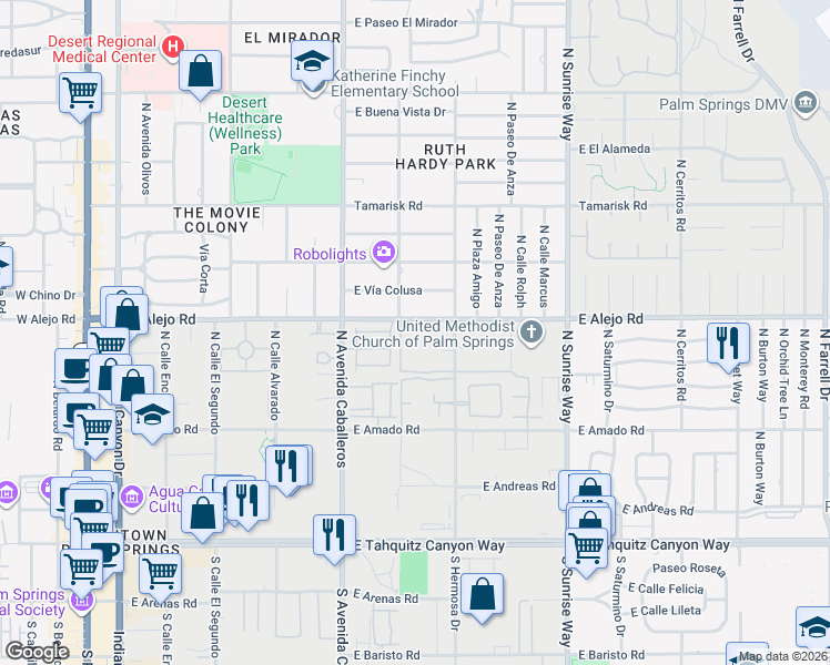 map of restaurants, bars, coffee shops, grocery stores, and more near 1125 East Alejo Road in Palm Springs