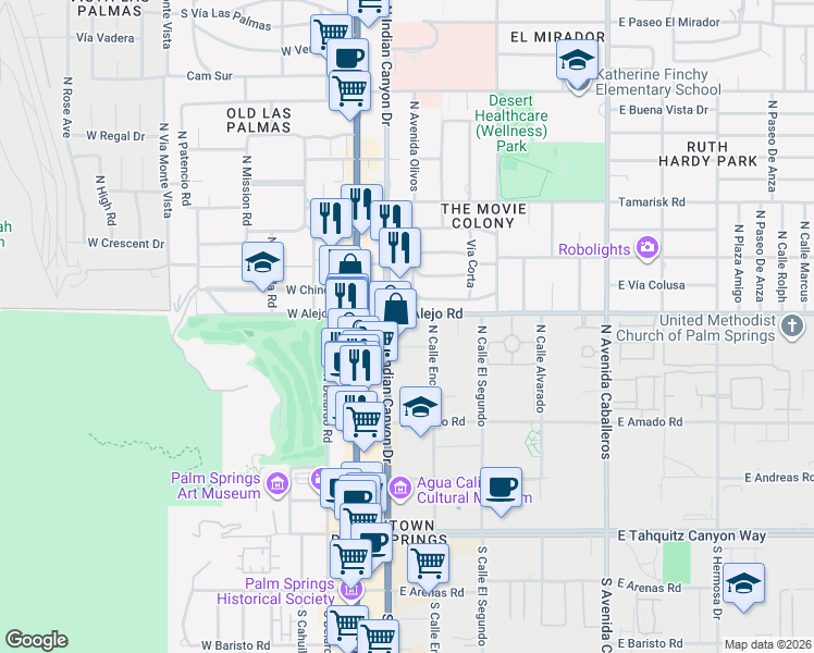 map of restaurants, bars, coffee shops, grocery stores, and more near 462 North Indian Canyon Drive in Palm Springs