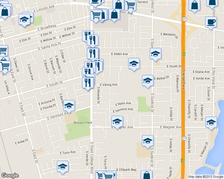 map of restaurants, bars, coffee shops, grocery stores, and more near 2203 East Olmstead Way in Anaheim