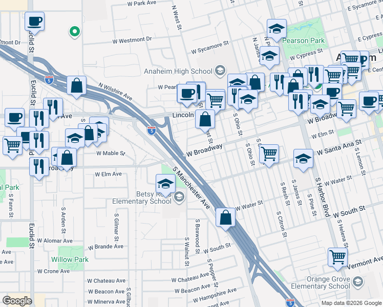 map of restaurants, bars, coffee shops, grocery stores, and more near 1142 West Broadway in Anaheim