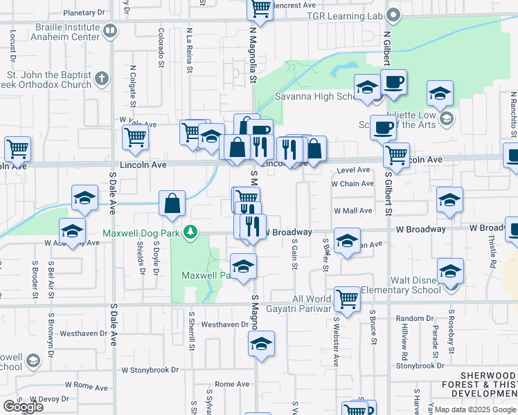 map of restaurants, bars, coffee shops, grocery stores, and more near 221 South Aron Place in Anaheim