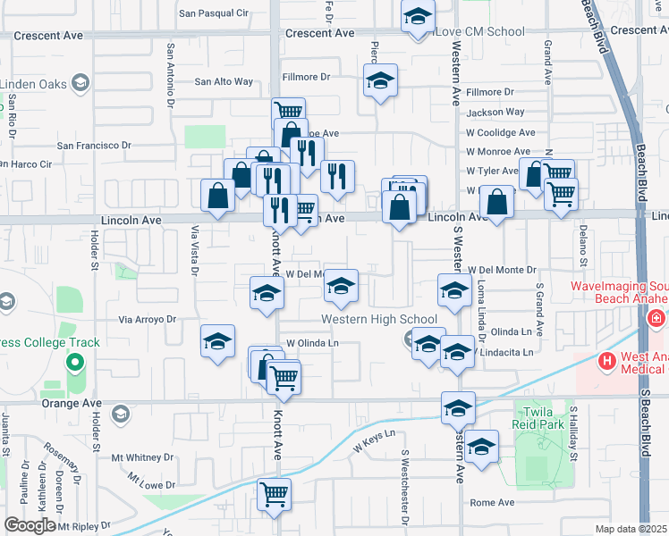 map of restaurants, bars, coffee shops, grocery stores, and more near 3400 West Del Monte Drive in Anaheim