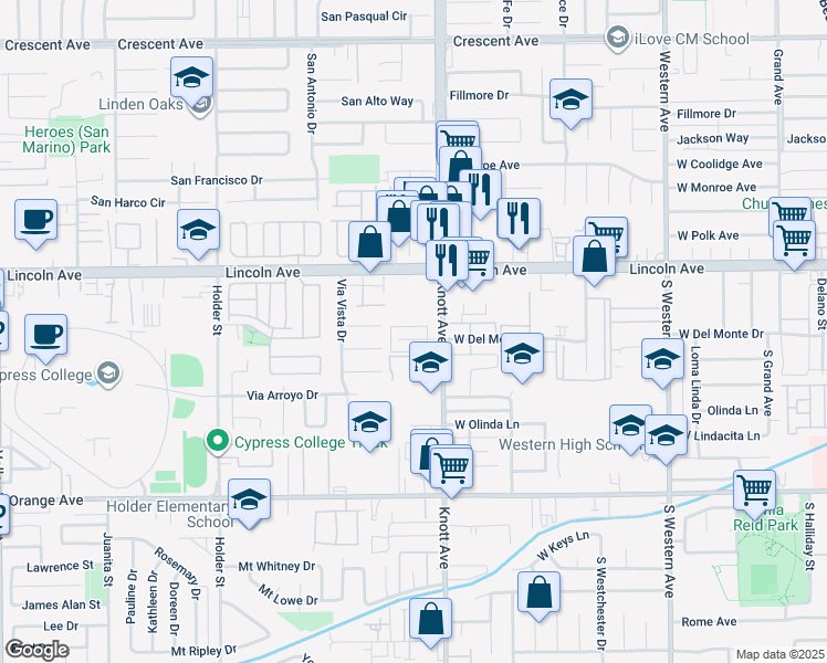 map of restaurants, bars, coffee shops, grocery stores, and more near 3524 West Del Monte Drive in Anaheim