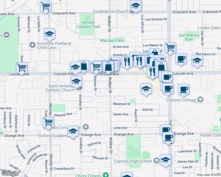 map of restaurants, bars, coffee shops, grocery stores, and more near 5524 Camp Street in Cypress