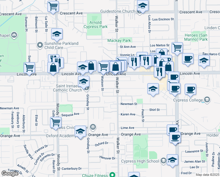 map of restaurants, bars, coffee shops, grocery stores, and more near 5412 Camp Street in Cypress