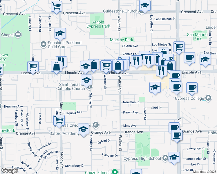 map of restaurants, bars, coffee shops, grocery stores, and more near 5412 Camp Street in Cypress