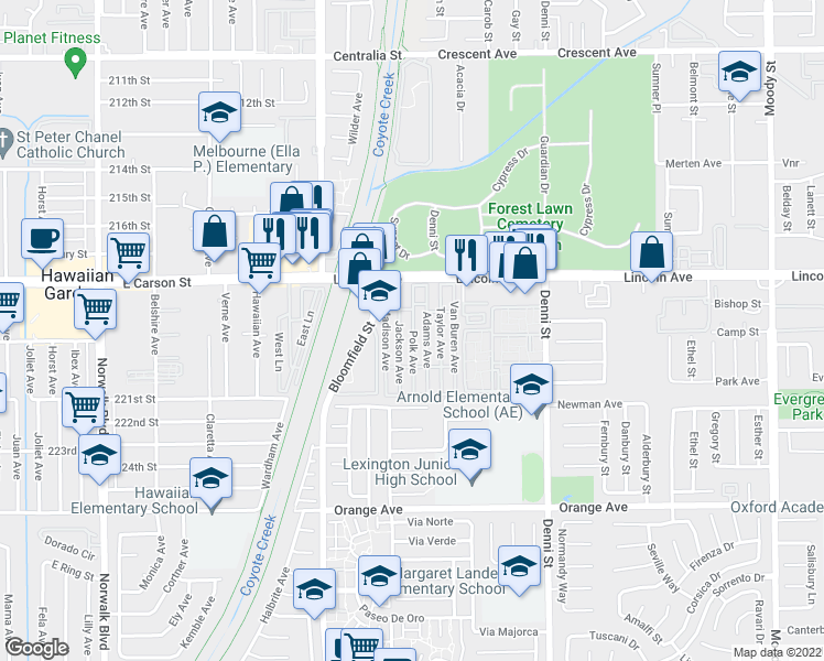 map of restaurants, bars, coffee shops, grocery stores, and more near 9080 Bloomfield Avenue in Cypress