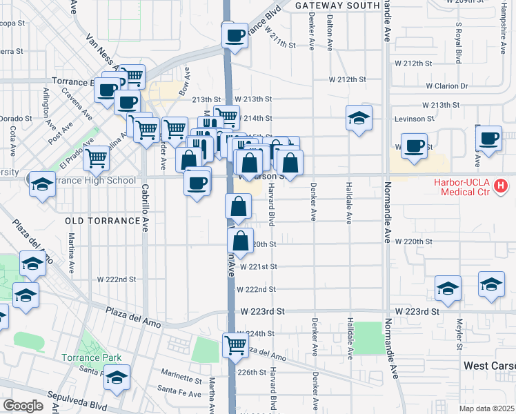 map of restaurants, bars, coffee shops, grocery stores, and more near 1645 West 219th Street in Torrance