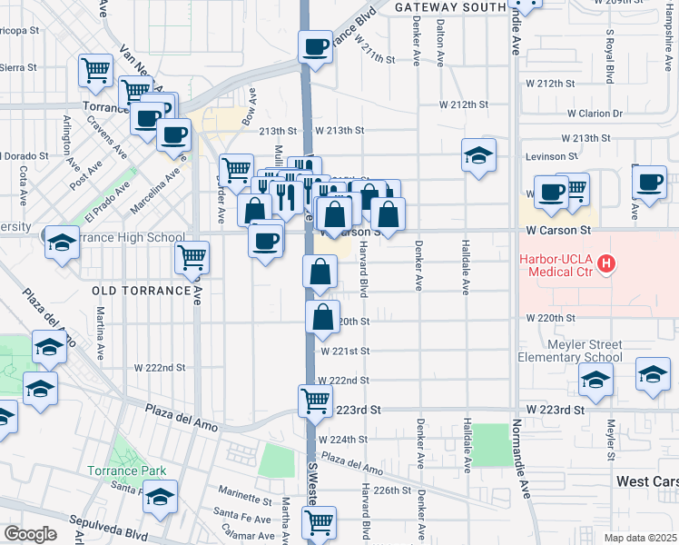map of restaurants, bars, coffee shops, grocery stores, and more near 1645 West 219th Street in Torrance