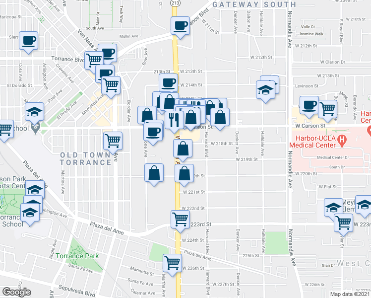 map of restaurants, bars, coffee shops, grocery stores, and more near 1645 West 219th Street in Torrance