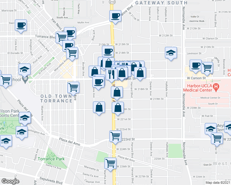 map of restaurants, bars, coffee shops, grocery stores, and more near 1645 West 219th Street in Torrance