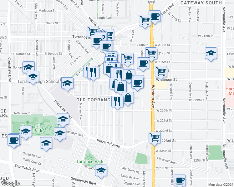 map of restaurants, bars, coffee shops, grocery stores, and more near 1753 Cabrillo Avenue in Torrance