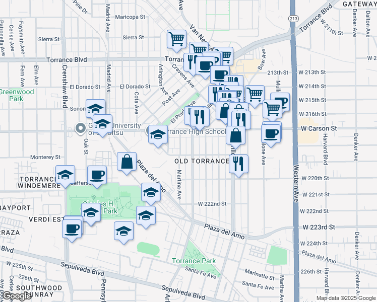map of restaurants, bars, coffee shops, grocery stores, and more near 1802 Martina Avenue in Torrance