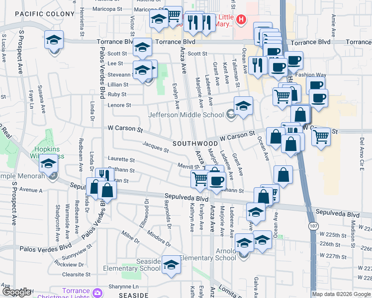 map of restaurants, bars, coffee shops, grocery stores, and more near 21808 Evalyn Avenue in Torrance