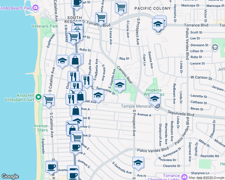 map of restaurants, bars, coffee shops, grocery stores, and more near 800 South Juanita Avenue in Redondo Beach