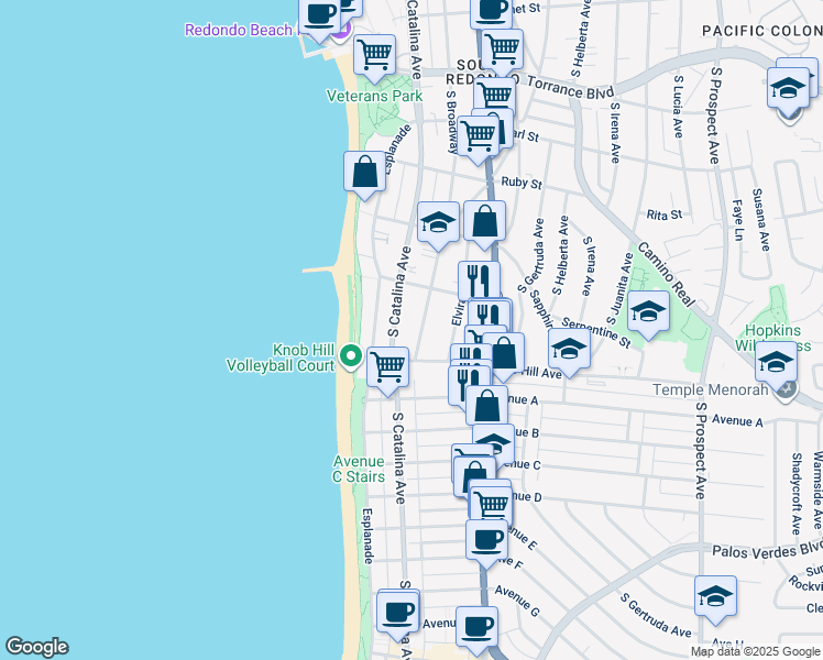 map of restaurants, bars, coffee shops, grocery stores, and more near 722 South Broadway in Redondo Beach
