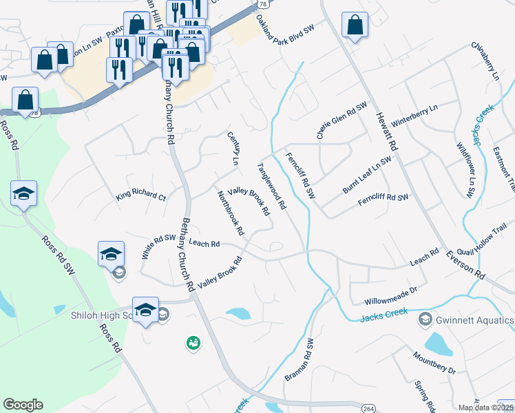 map of restaurants, bars, coffee shops, grocery stores, and more near 3919 Valley Brook Road in Snellville