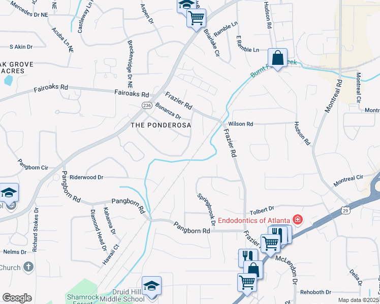 map of restaurants, bars, coffee shops, grocery stores, and more near 2927 Ponderosa Circle in Decatur