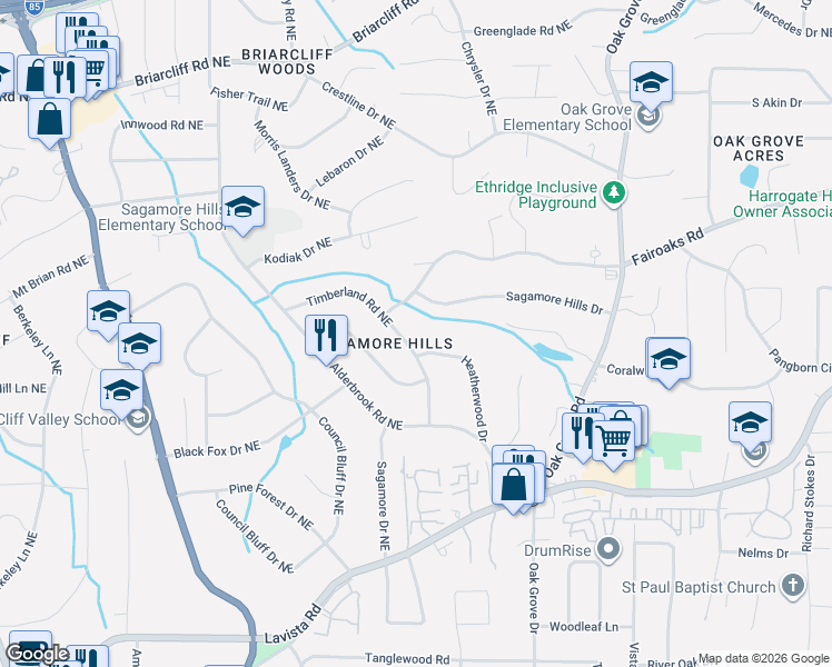 map of restaurants, bars, coffee shops, grocery stores, and more near 1653 Heatherwood Drive in Decatur