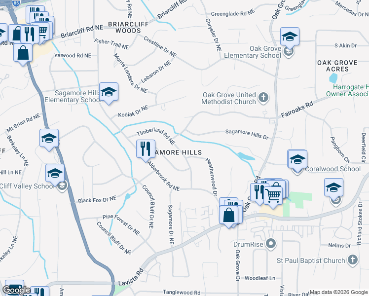 map of restaurants, bars, coffee shops, grocery stores, and more near 1658 Timberland Road Northeast in Atlanta