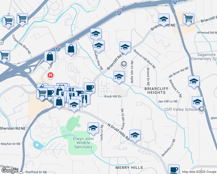 map of restaurants, bars, coffee shops, grocery stores, and more near 2629 Portbury Place Northeast in Atlanta
