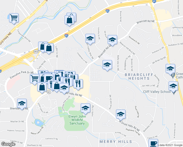 map of restaurants, bars, coffee shops, grocery stores, and more near 2602 Greythorne Trail Northeast in Atlanta