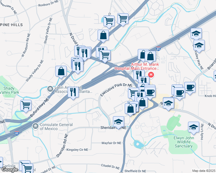 map of restaurants, bars, coffee shops, grocery stores, and more near 7 Executive Park Drive Northeast in Atlanta