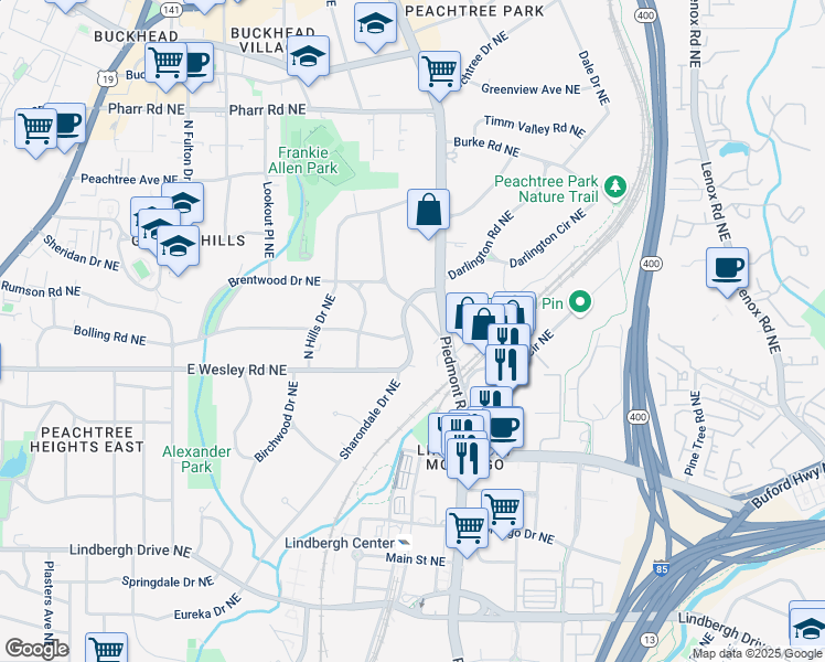 map of restaurants, bars, coffee shops, grocery stores, and more near 557 East Wesley Road Northeast in Atlanta