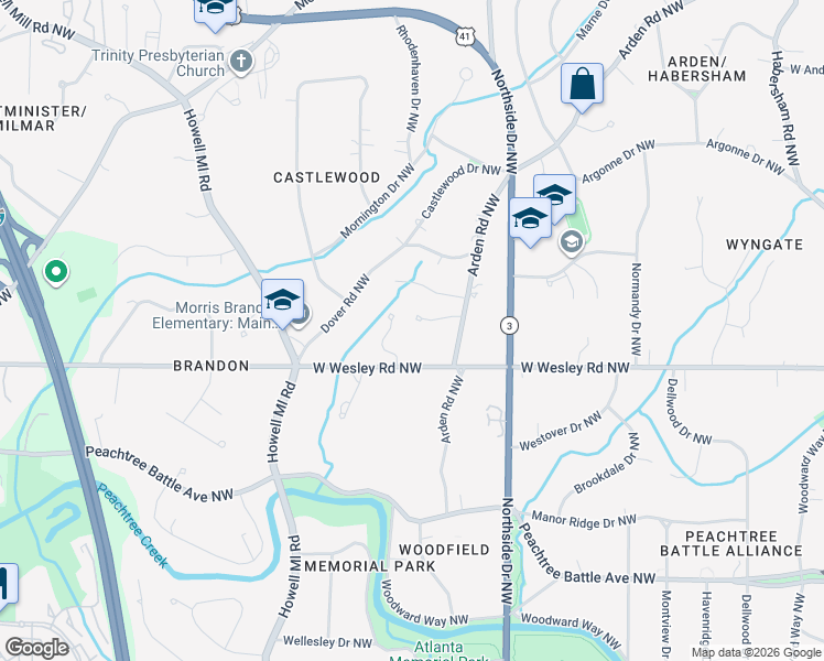 map of restaurants, bars, coffee shops, grocery stores, and more near 721 W Wesley Road Northwest in Atlanta