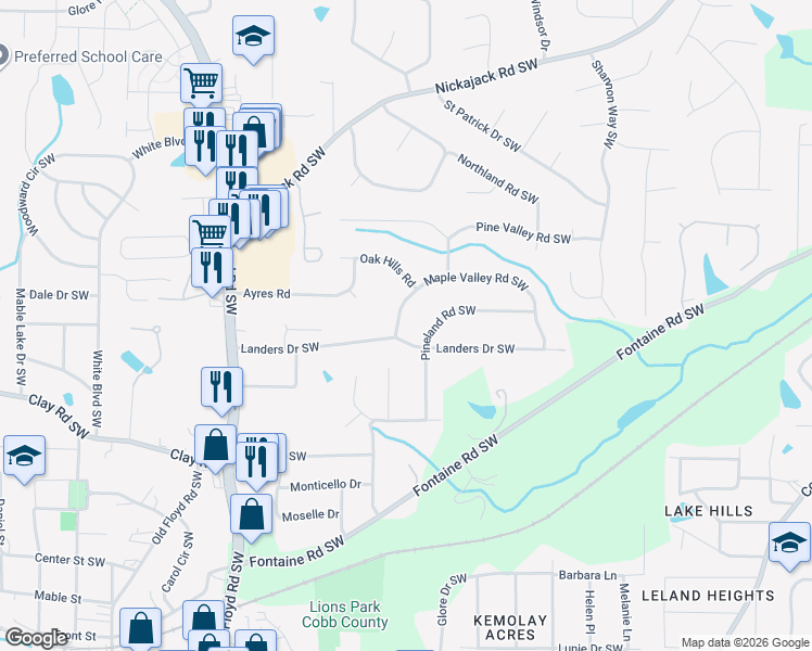 map of restaurants, bars, coffee shops, grocery stores, and more near 490 Landers Drive Southwest in Mableton