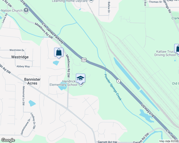 map of restaurants, bars, coffee shops, grocery stores, and more near 9205 Waterford Lane in Powder Springs