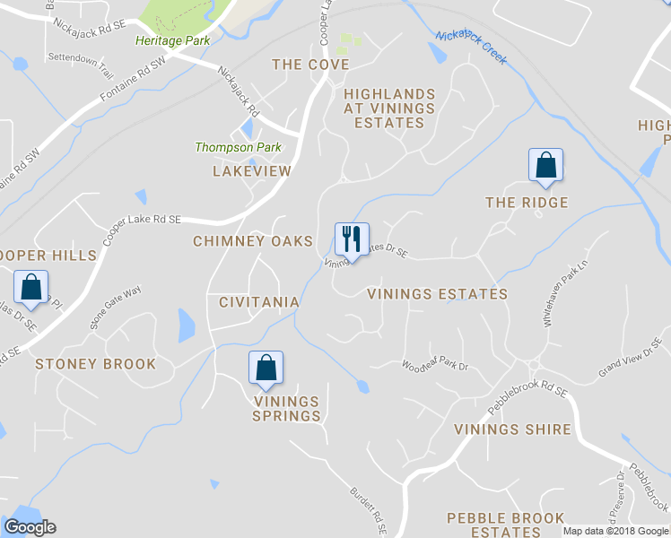 map of restaurants, bars, coffee shops, grocery stores, and more near 5001 Vining Estates Way in Mableton