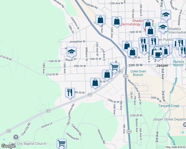 map of restaurants, bars, coffee shops, grocery stores, and more near 1400 7th Avenue in Jasper