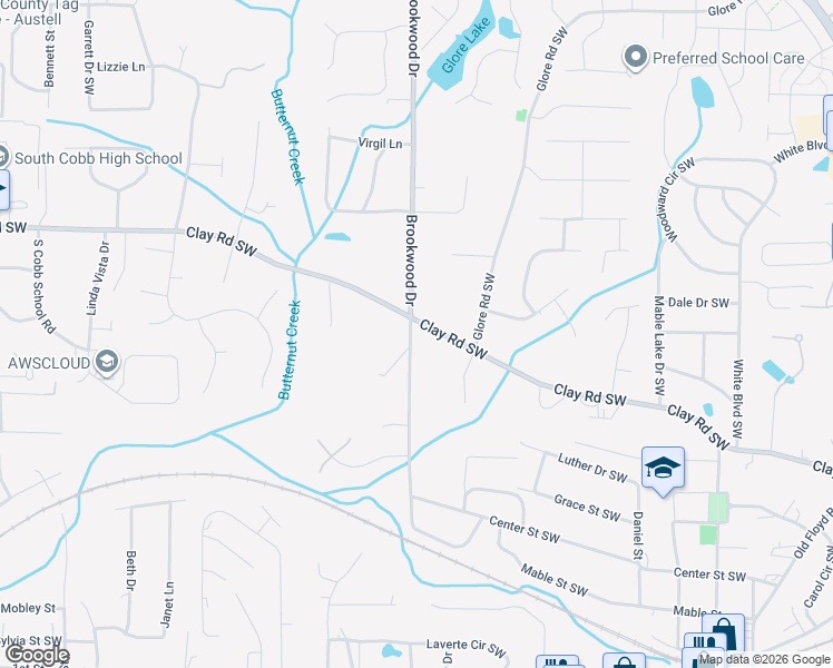 map of restaurants, bars, coffee shops, grocery stores, and more near 1335 Clay Road Southwest in Mableton