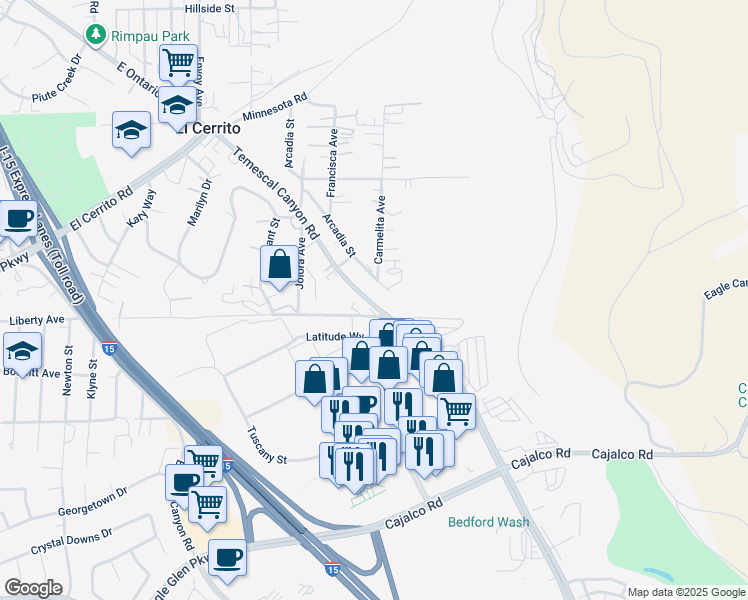 map of restaurants, bars, coffee shops, grocery stores, and more near 19980 Temescal Canyon Road in Corona