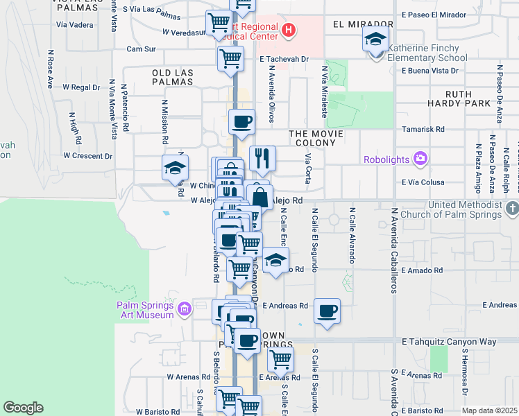 map of restaurants, bars, coffee shops, grocery stores, and more near 462 North Indian Canyon Drive in Palm Springs