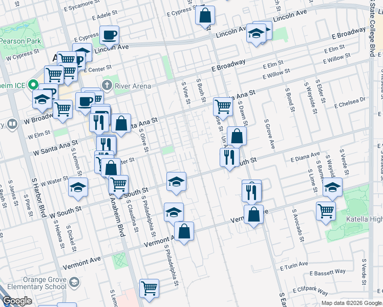 map of restaurants, bars, coffee shops, grocery stores, and more near 762 East Valencia Street in Anaheim
