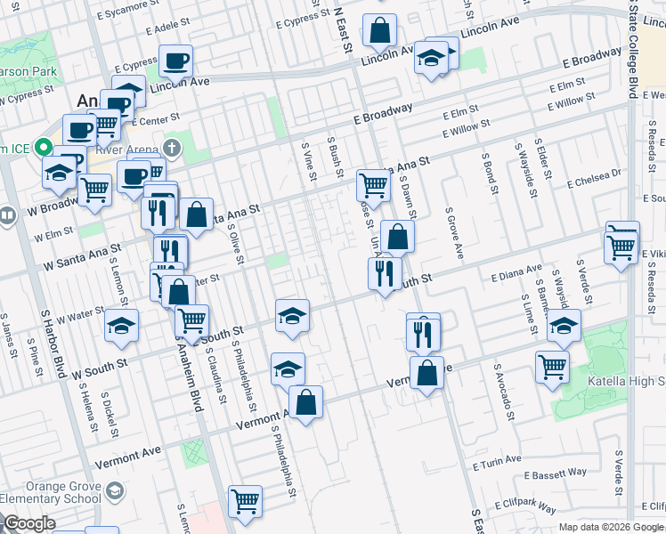 map of restaurants, bars, coffee shops, grocery stores, and more near 707 South Mosaic Street in Anaheim